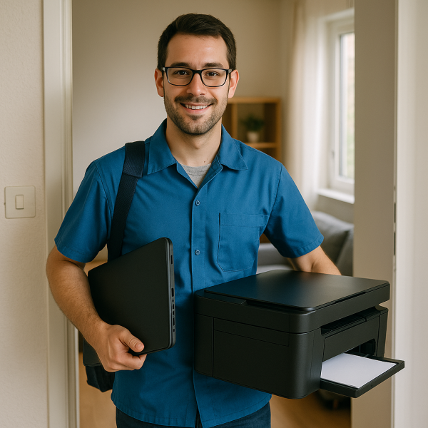 Technicien informatique allant dépanner un ordinateur avec son imprimante